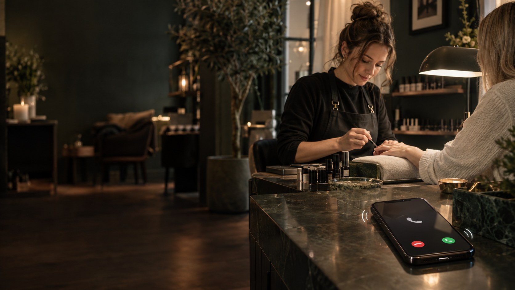 Een nagelstyliste geeft een manicure terwijl de telefoon op de voorgrond rinkelt