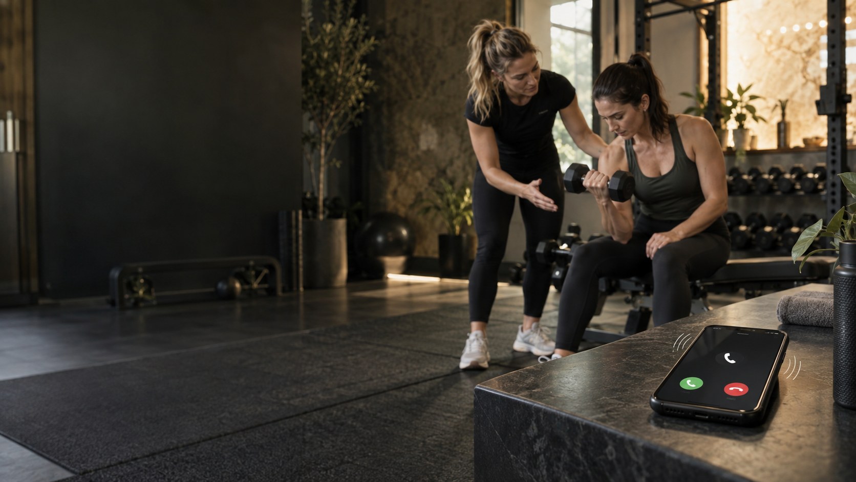 Een personal trainer begeleidt een oefening terwijl een telefoon op de voorgrond rinkelt