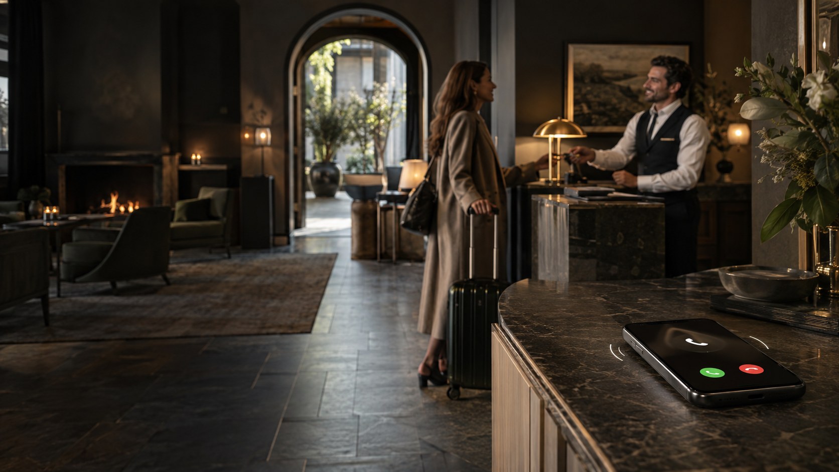 Een hotelmedewerker ontvangt een gast terwijl de telefoon op de balie rinkelt