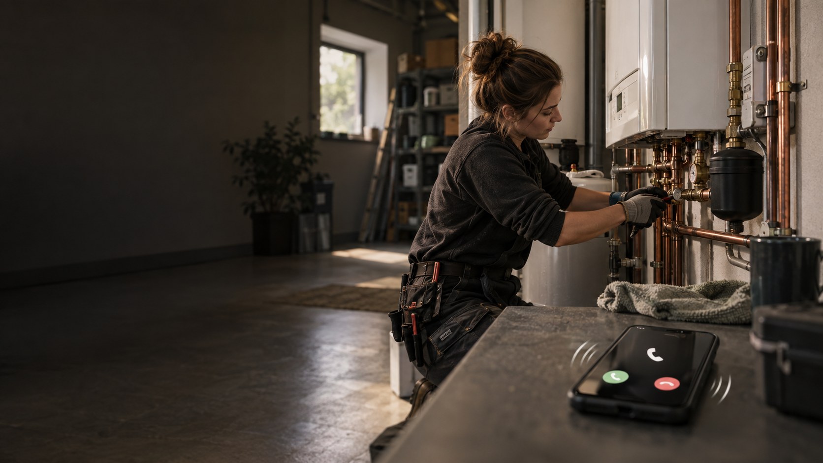Een installateur werkt aan leidingwerk met een rinkelende telefoon op de voorgrond