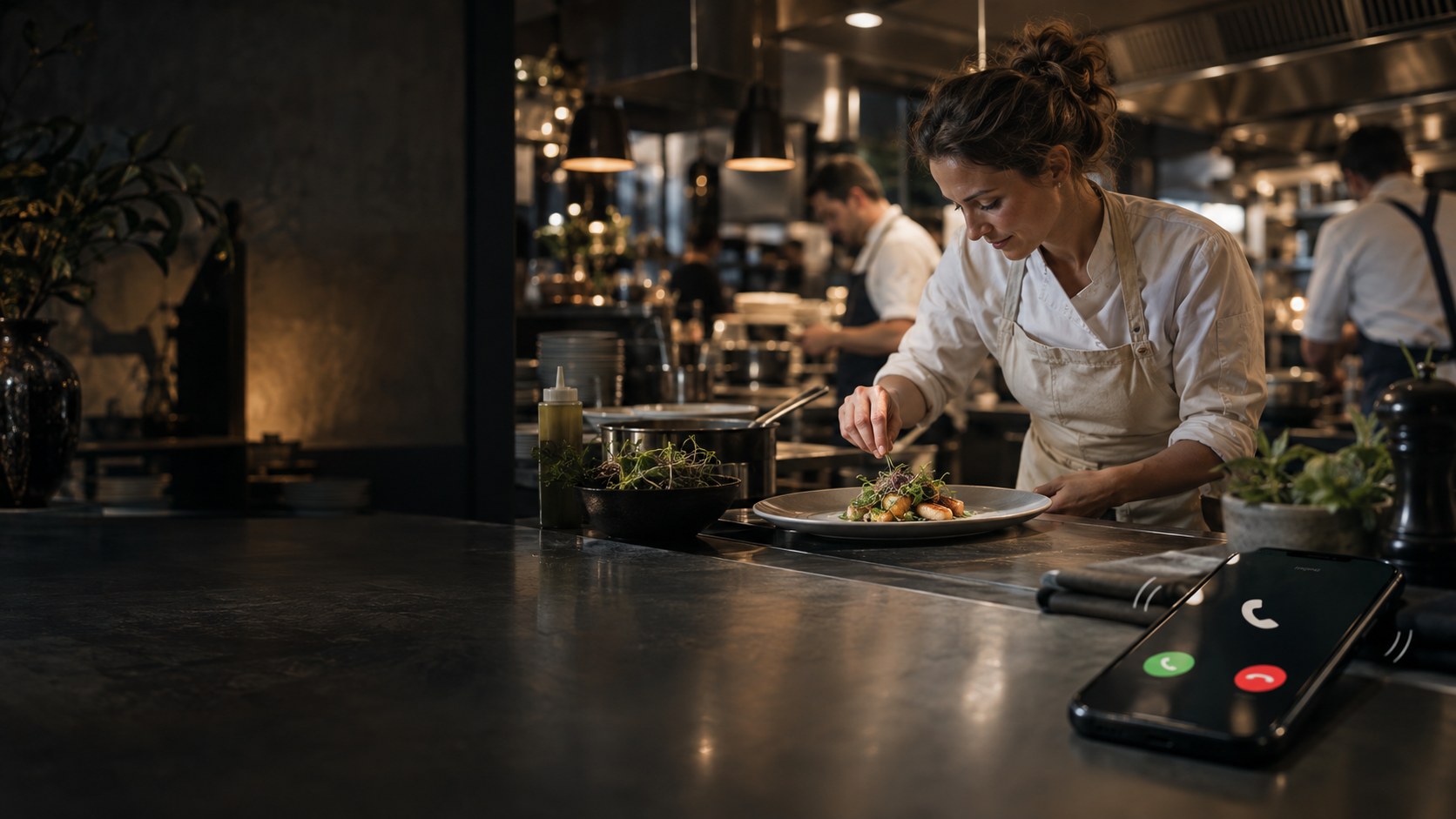 Een chef aan het werk met een rinkelende telefoon op de voorgrond