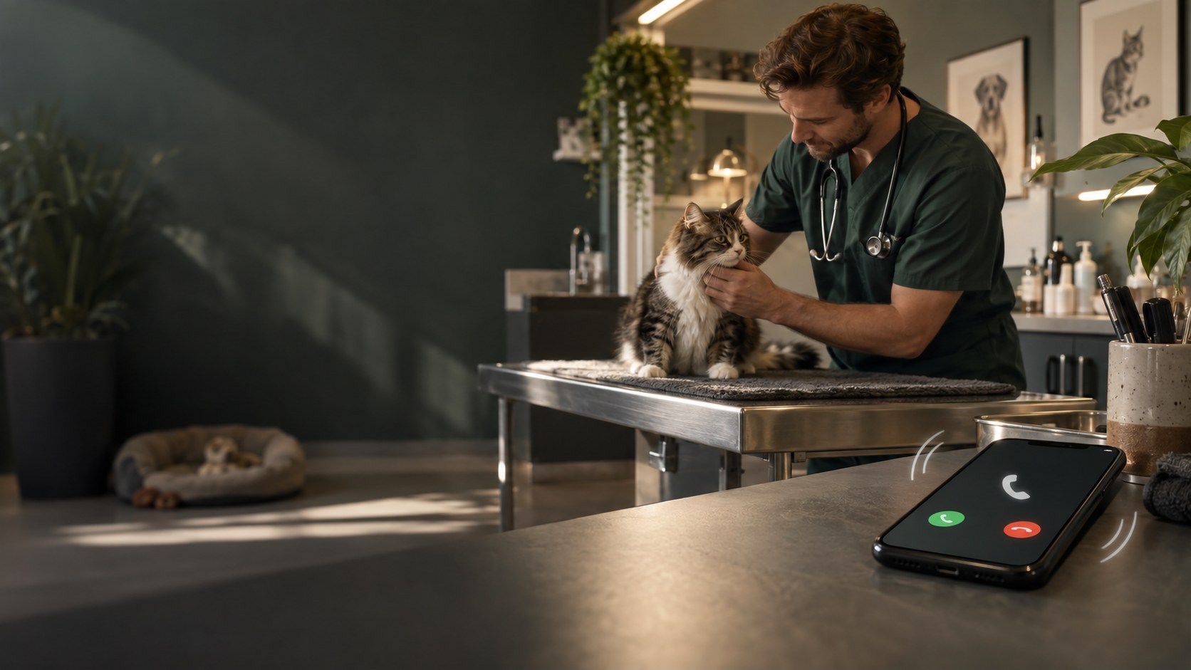Een dierenarts onderzoekt een kat met een rinkelende telefoon op de voorgrond