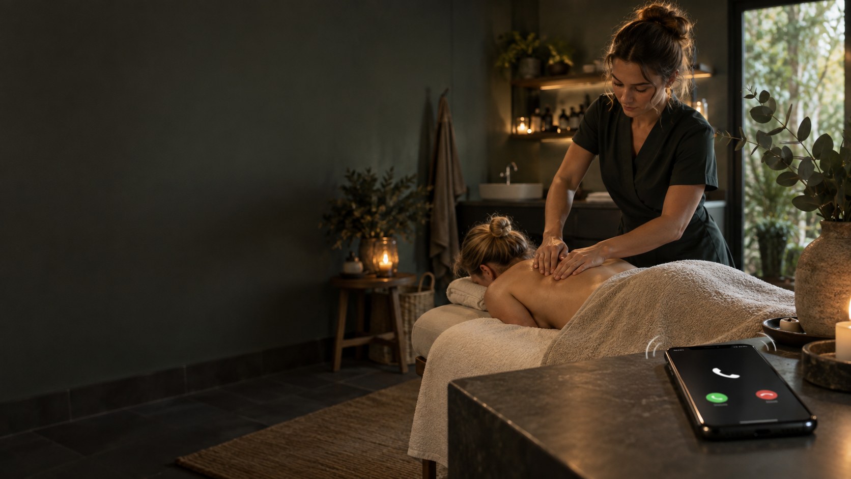 Een masseuse is aan het werk terwijl een telefoon op de voorgrond rinkelt